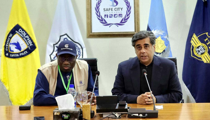 Caretaker Federal Minister for Interior, Dr. Gohar Ejaz, and Dr. Goodluck Jonathan, Head of Commonwealth Observation Group addresses a press conference in Islamabad on February 8, 2024. — PPI