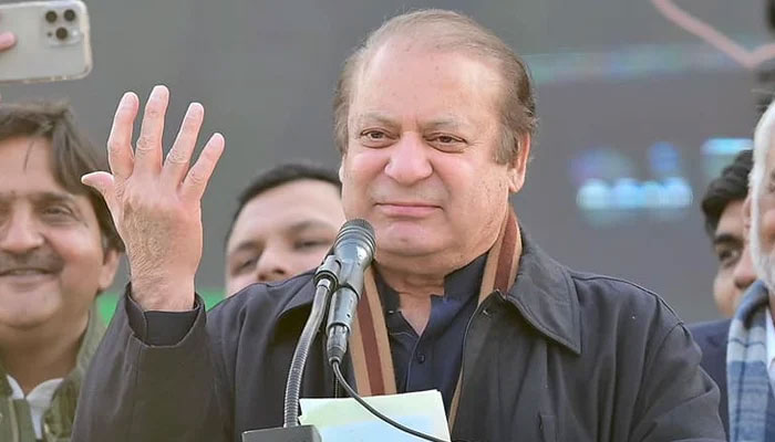 Pakistan Muslim League Nawaz supremo Nawaz Sharif gestures as he addresses a political campaign rally on February 6, 2024. — Facebook/PML(N)