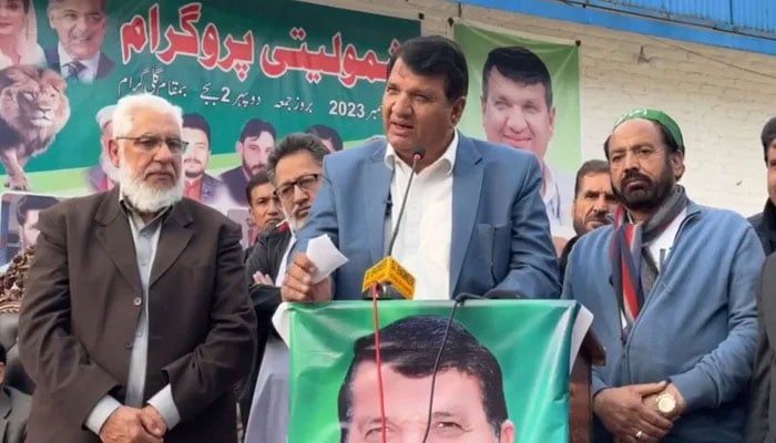Pakistan Muslim League-Nawaz leader Amir Muqam addresses a gathering in Gali Gram on December 22, 2023 in this still. — Facebook/Amir Muqam