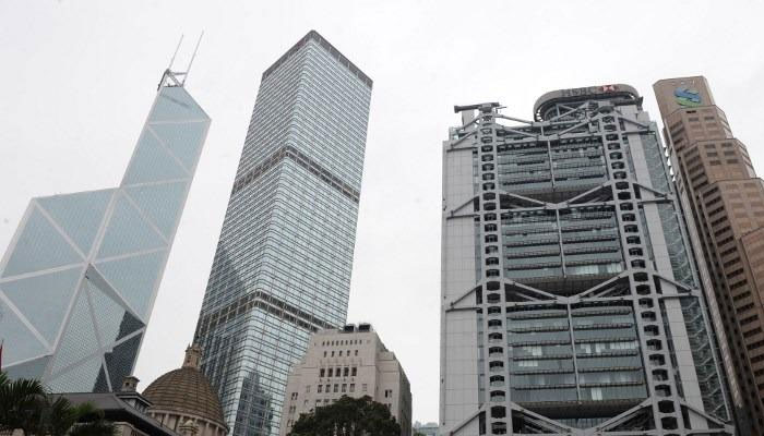 The Bank of China building, the Cheung Kong Center, HSBC Bank headquarters, and the Standard Chartered Bank building are pictured in Hong Kong