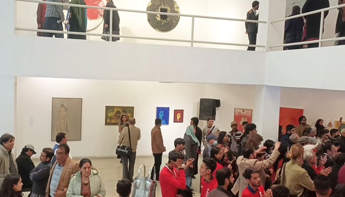 People gather during the Exhibition ‘Dil na-Umid To Nahi which opened on the 8th Faiz Festival 2024 at Alhamra Art Gallery, Lahore Arts Council on February 9, 2024. — Facebook/Alhamra Lahore Arts Council