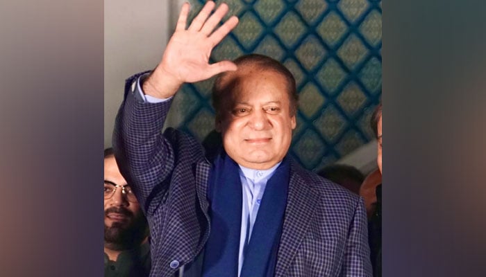 Former prime minister and PMLN supremo Nawaz Sharif waves to supporters and party workers on February 9, 2024. — Facebook/PML(N)