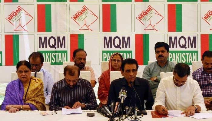MQM-P Convener Dr Khalid Maqbool Siddiqui addresses a presser in Karachi on April 20, 2023. — Twitter/@MQMPKOfficial