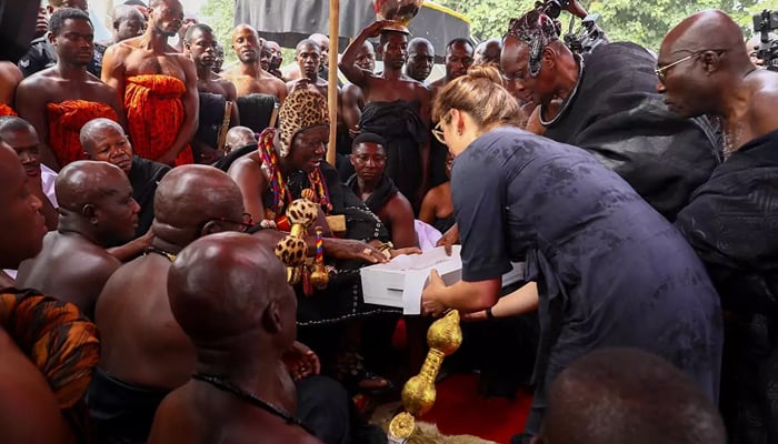 Otumfuo Osei Tutu II, Ghana’s Asante king, receives artefacts returned by the Fowler Museum of UCLA (University of California Los Angeles) to the Manhyia Palace in Kumasi, Ghana, on February 8, 2024. — AFP