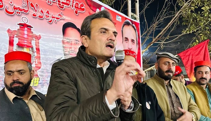 Awami National Party (ANP) vice-president Amir Haider Hoti addresses a gathering in Mardan on January 2, 2024. — Facebook/Awami National Party