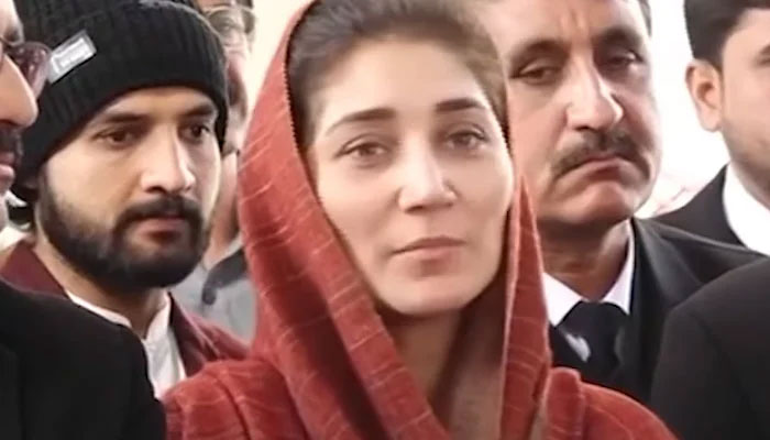 Meher Bano, daughter of former foreign minister and Pakistan Tehreek-e-Insaf (PTI) Vice Chairman Shah Mehmood Qureshi, talks to the media outside the Supreme Court on Dec 23, 2023, in this still taken from a video. — Facebook/PTI