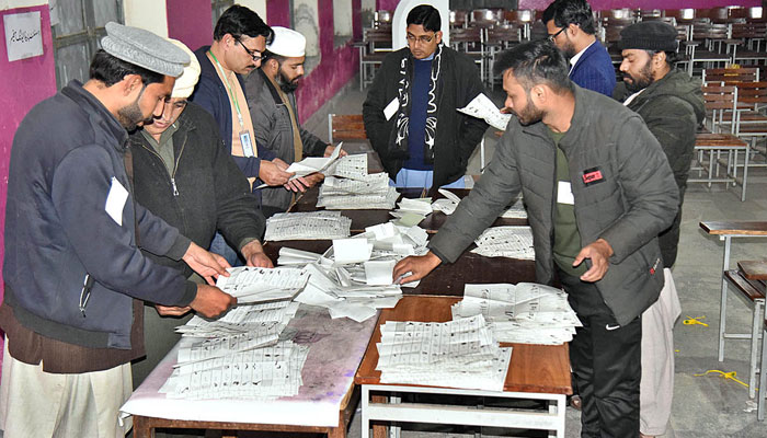 Voting is being counted at the Government Sardar School Garhi Shahul polling station during the General Election 2024 in the City on February 8, 2024. — APP