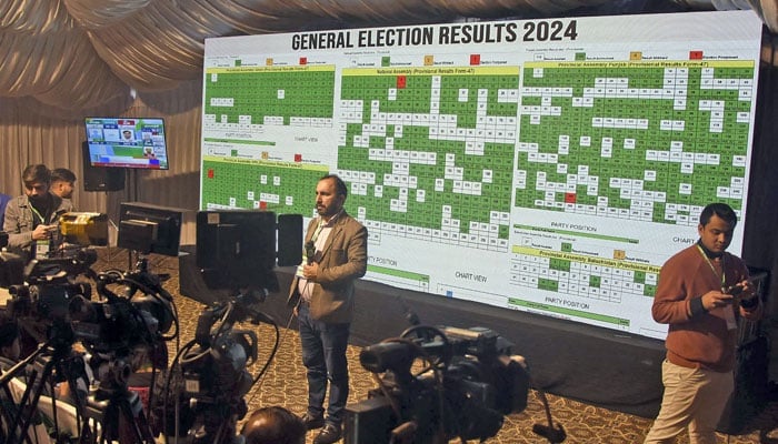 Journalists stand in front of a screen showing the results of the countrys parliamentary elections at the Pakistan Election Commission office, in the Federal Capital on February 9, 2024. — Online