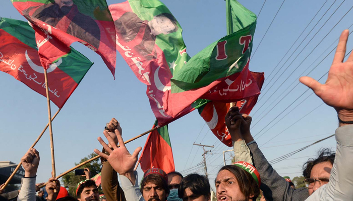Activists of Tehreek-e-Insaf (PTI) are holding a protest demonstration against alleged rigging in General Election 2024, held at Charsadda road in Peshawar on Saturday, February 10, 2024. — PPI