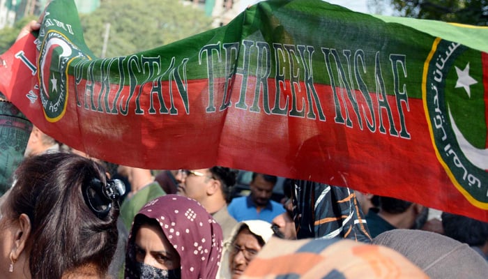 Supporters and activists of PTI hold a protest demonstration against alleged rigging in General Election 2024 in Karachi on February 10, 2024. — PPI