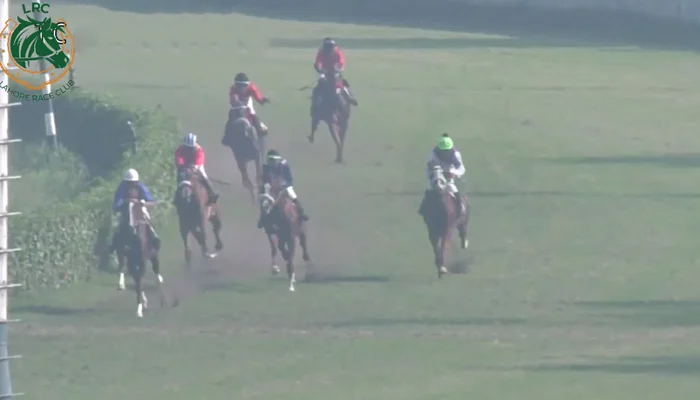 This still shows a moment from a field as participants ride their horses during a race in Lahore on December 3, 2023. — YouTube/Lahore Race Club