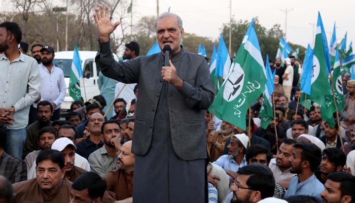 Jamat-e-Islami (JI) Karachi Chief, Hafiz Naeem-ur-Rehman addresses during a protest demonstration against alleged rigging in General Election 2024, at Star Gate located on Shahrah-e-Faisal in Karachi on February 11, 2024. — PPI