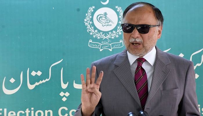 PMLN Secretary General and former federal minister Ahsan Iqbal addressing a press conference outside Election Commission Pakistan (ECP) in Islamabad, on March 5, 2023. — Online