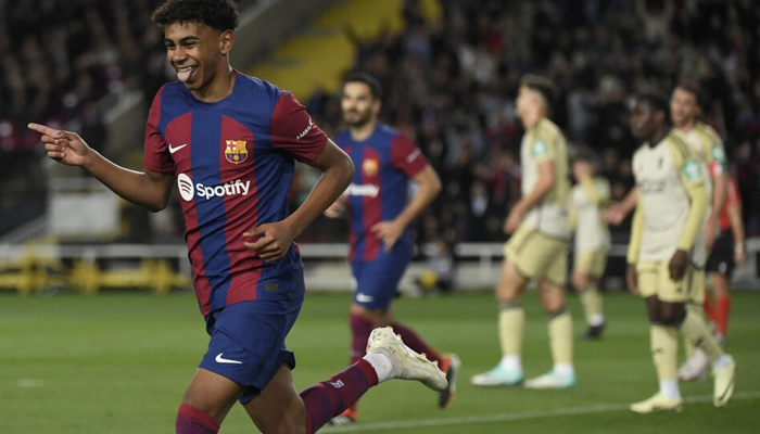 Barcelonas Spanish forward Lamine Yamal celbrates scoring the opening goal in a thrilling La Liga battle against Granada on