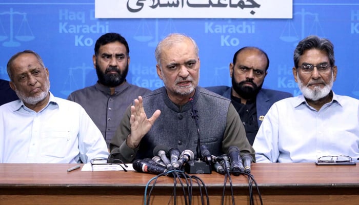 Jamat-e-Islami (JI) Karachi Chief, Hafiz Naeem-ur-Rehman addresses media persons during a press conference, at Idara-e-Noor-ul-Haq in Karachi on Monday, February 12, 2024. — PPI