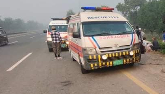 Rescue 1122 Ambulance stands on the road in Sheikhupura, Punjab on November 2023. — Facebook/Rescue 1122 Punjab