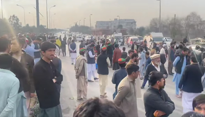 This still shows PTI workers during a protest at the Peshawar-Islamabad Motorway on February 12, 2024. — PTI Khyber Pakhtunkhwa