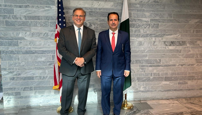 Caretaker Health Minister Dr Nadeem Jan photographed with the US Ambassador Donald Blome on February 12, 2024. — X/@nhsrcofficial