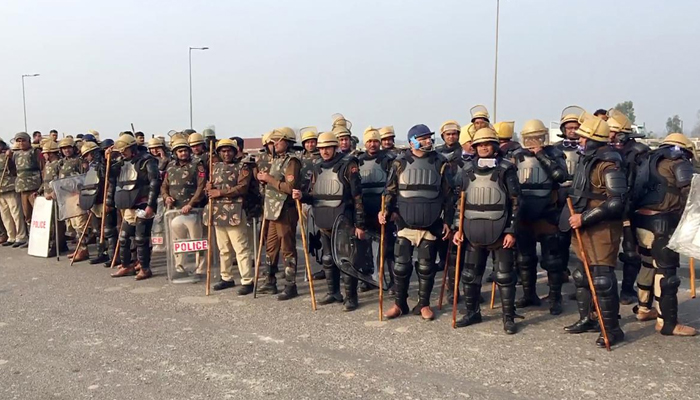 Paramilitary personnel stay vigil in Ambala after security tightened ahead of the farmers’ march to Delhi. — ANI/File