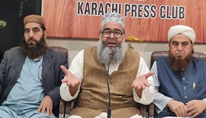 JUI-F Karachi leader Qari Muhammad Usman Addressing a press conference at the Karachi Press Club on February 13, 2024. — Facebook/Qari Muhammad Usman