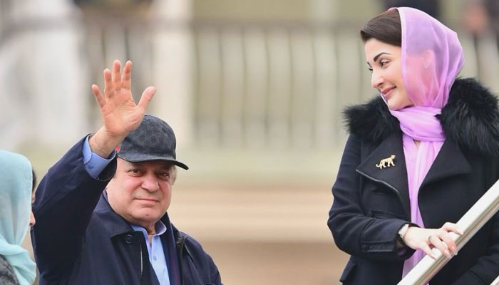 PML-N supremo Nawaz Sharif with his daughter and partys Senior Vice President Maryam Nawaz attends a political rally on February 3, 2024. — X/@pmln_org
