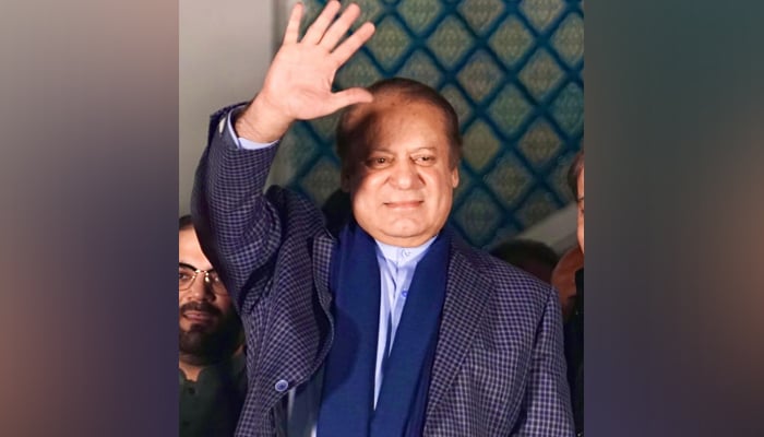 PML-N supremo Mian Muhammad Nawaz Sharif waves to their supporters and workers on February 9, 2024. — Facebook/PML(N)