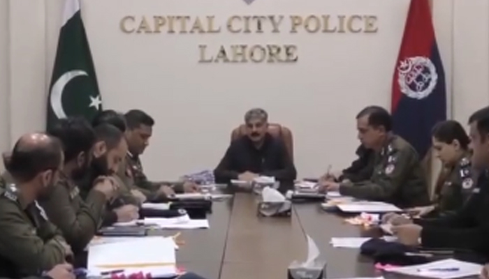 Capital City Police Officer (CCPO) Bilal Siddique Kamyana chairs a meeting in this still on February 13, 2024. — Facebook/Capital City Police Lahore