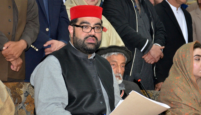 Awami National Party (ANP) provincial President Aimal Wali Khan speaks during a press conference on February 11, 2024. — Facebook/Aimal Wali Khan