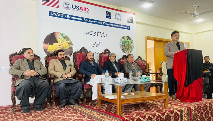 A participant speaks in an awareness-raising seminar in collaboration with Tirah Mushroom Agriculture Development Organisation on February 14, 2024. — Facebook/Bureau of Agriculture Information Khyber Pakhtunkhwa