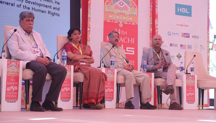 A participant speaks during The 14th Karachi Literature Festival 2023 session on February 18, 2023. — Facebook/Karachi & Islamabad Lit Fests