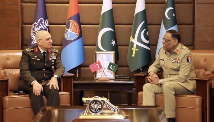 Deputy Chief of General Staff Turkish Armed Forces General Irfan Ozsert meets with Chairman Joint Chiefs of Staff Committee (CJCSC) General Sahir Shamshad Mirza at Joint Staff Headquarters here on February 14, 2024. — X/@PakistanFauj