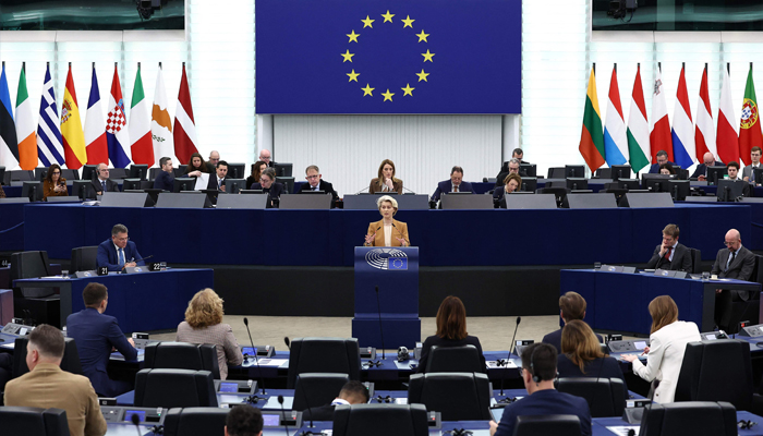 EC President Ursula von der Leyen speaks during a debate on the results of the latest EU summits, as part of a plenary session at the European Parliament in Strasbourg, on February 6, 2024. — AFP