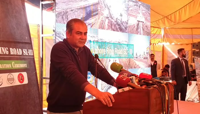 Chief Minister Mohsin Naqvi addresses the inaugural ceremony of The Lahore Ring Road Southern Loop-3 project in this still on February 15, 2024. — Facebook/Govt of Punjab