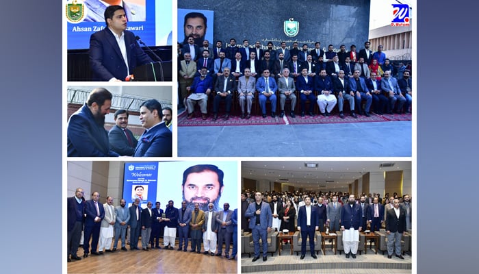 This combo of images released on February 15, 2024, shows officials of the Islamabad Chamber of Commerce and Industry and GOvernor Punjab Mir Balighur Rehman. — Facebook/Ahsan Bakhtawari official