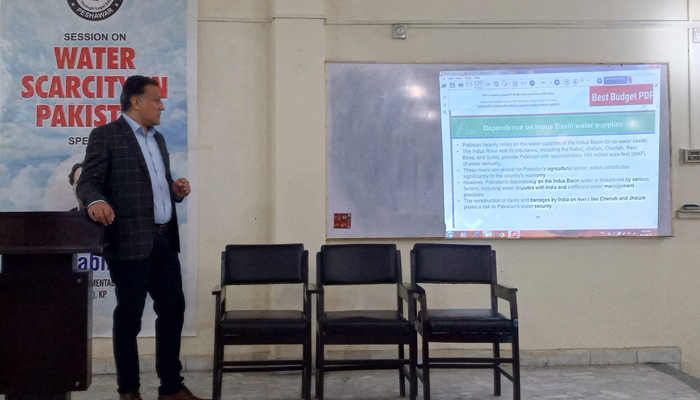 Dr Habib Jan, Director of EPA addresses the awareness session titled “Water Scarcity in Pakistan” at Frontier Law College here on February 15, 2024. — Facebook/Frontier Law College - Legal Institute in Peshawar.