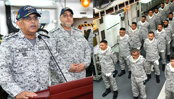 Chief of the Naval Staff Admiral Naveed Ashraf addresses the troops onboard the PN ship during  Exercise Seaspark 2024 on February 15, 2024. — X/@PakistanFauj
