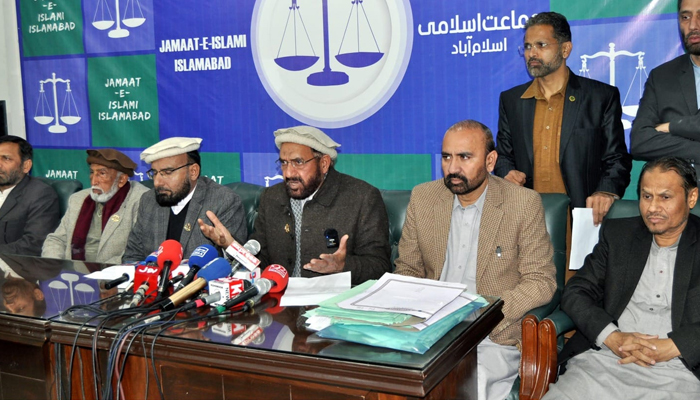 JI central naib ameer and ex-MNA from Islamabad, Mian Muhammad Aslam speaks during a presser in Islamabad on February 9, 2024. — Facebook/Media Cell Jamaat e Islami Islamabad