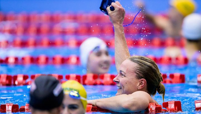 Swedish swimming titan Sarah Sjostrom celebrates her win in this image on July 31, 2023. — Instagram/@sarahsjostrom