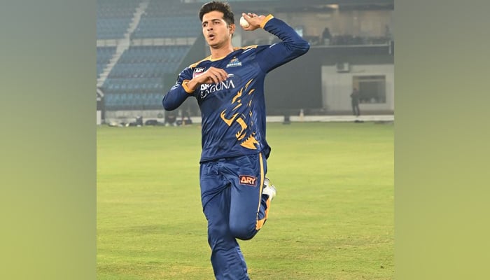 Karachi Kings left-arm pacer Mir Hamza while bowling in this image on February 17, 2024. — Instagram/@mirhamza_k