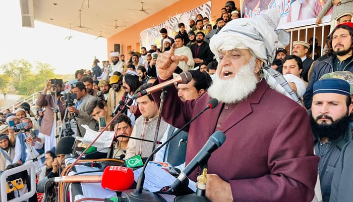 Jamiat-e-Ulama-e-Islam-Fazl chief Maulana Fazlur Rehman addresses an election rally in BannuSports Complex on February 4, 2024. — Facebook/Maulana Fazl ur Rehman