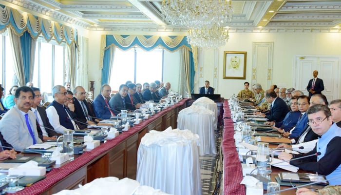 This image shows the Special Investment Facilitation Council in session under the chair of interim PM Anwaar-ul-Haq Kakar. — APP/File