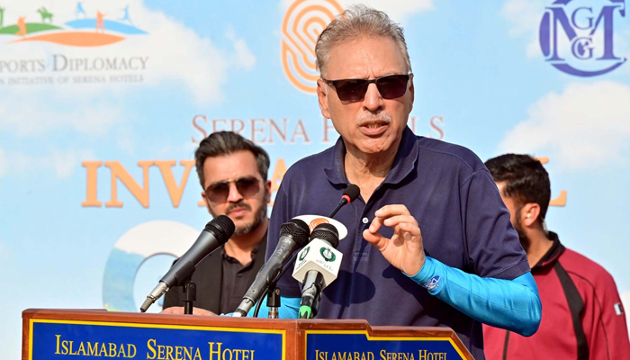 President Dr. Arif Alvi addresses participants during the Invitational Golf Tournament ceremony organized by Serena Hotel in Islamabad on February 17, 2024. — PPI