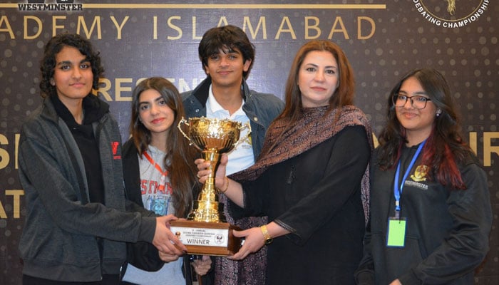 The image shows a glimpse of the Westminster Academy Islamabad Debate contest, as Winner of the 9th edition of Seema Farheen Qureshi Debating Championship. — Facebook/Westminster Academy Islamabad
