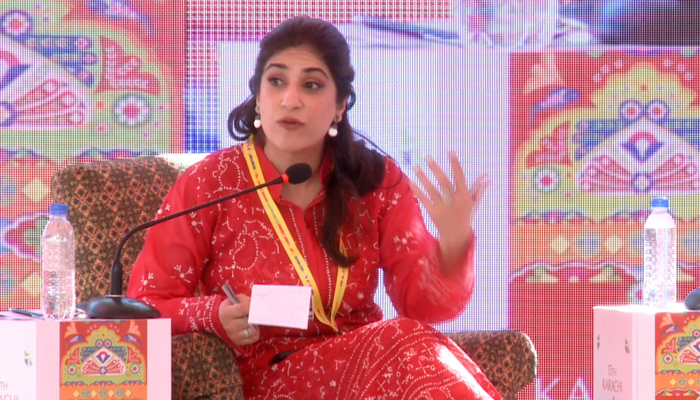 Journalist Amber Rahim Shamsi moderates the session titled ‘Evolving Federation: Two Steps Forward One Step Back’ on the second day of the KLF at the Beach Luxury Hotel on February 17, 2024. — Facebook/Karachi & Islamabad Lit Fests