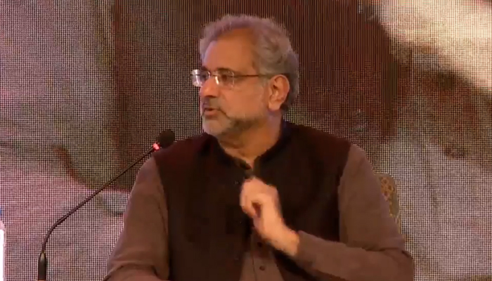 Former Prime Minister Shahid Khaqan Abbasi speaks during a session  titled ‘Reforming Pakistan: A New Social Contract’ on the second day of the KLF at the Beach Luxury Hotel on February 17, 2024. — Facebook/Karachi & Islamabad Lit Fests
