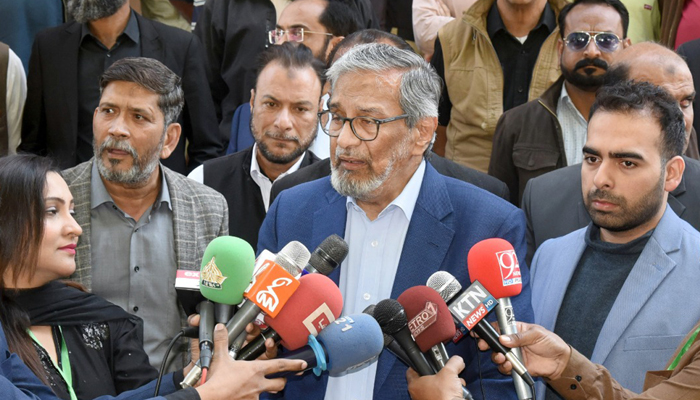 Caretaker Sindh Chief Minister Justice (R) Maqbool Baqar talks to the media persons on February 8, 2024. — Facebook/Sindh Chief Minister House