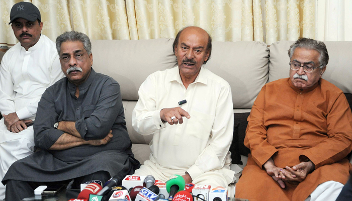 President PPP Sindh Nisar Ahmed Khoro speaks during a press conference along with Senator Moula Bux Chandio, at Qureshi House on February 17, 2024. — Online
