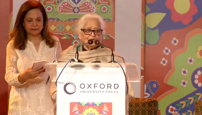 Literary personality Zehra Nigah speaks at the concluding ceremony of the 15th Karachi Literature Festival (KLF) at a private Hotel in Karachi in this still on February 18, 2024. — Facebook/Karachi & Islamabad Lit Fests