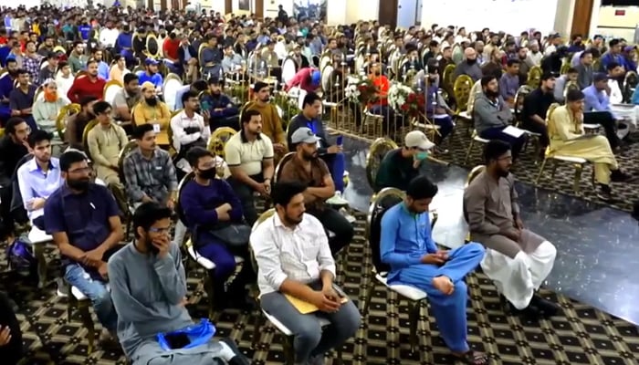 Candidates sit during an aptitude test to get admission to the new batch of the mass vocational training program of the non-profit Saylani Welfare International Trust (SWIT) on February 18, 2024. — Facebook/Saylani Welfare International Trust