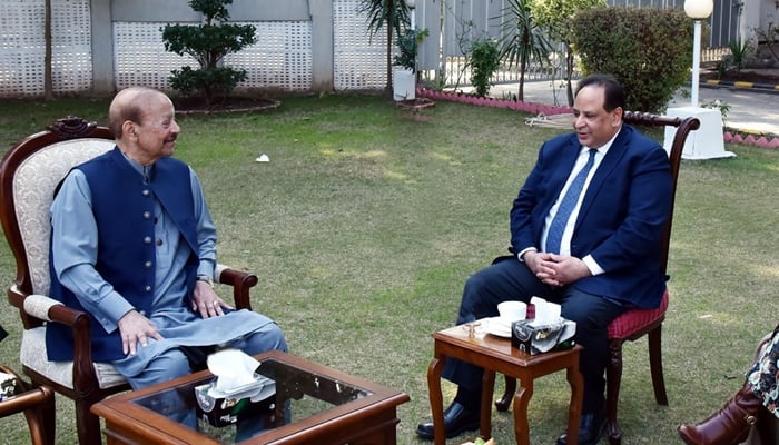 Azad Jammu and Kashmir (AJK) President Barrister Sultan Mahmood Chaudhry while meeting with the former member of the Norwegian Council Amir Sheikh on February 15, 2024. — Facebook/Sultan Mahmood Chaudhry